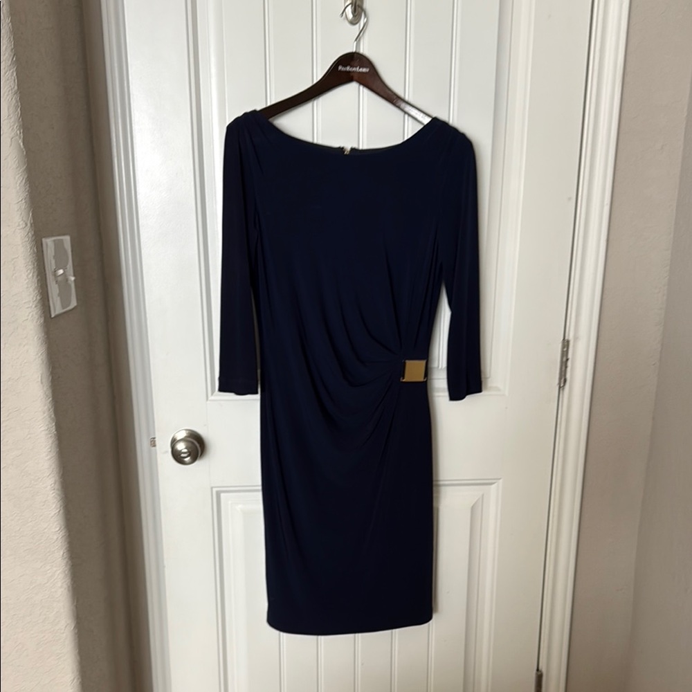 Tahari Blue Sheath Dress with Bateau Neckline